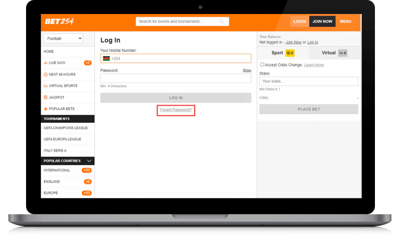  bet254 reset password